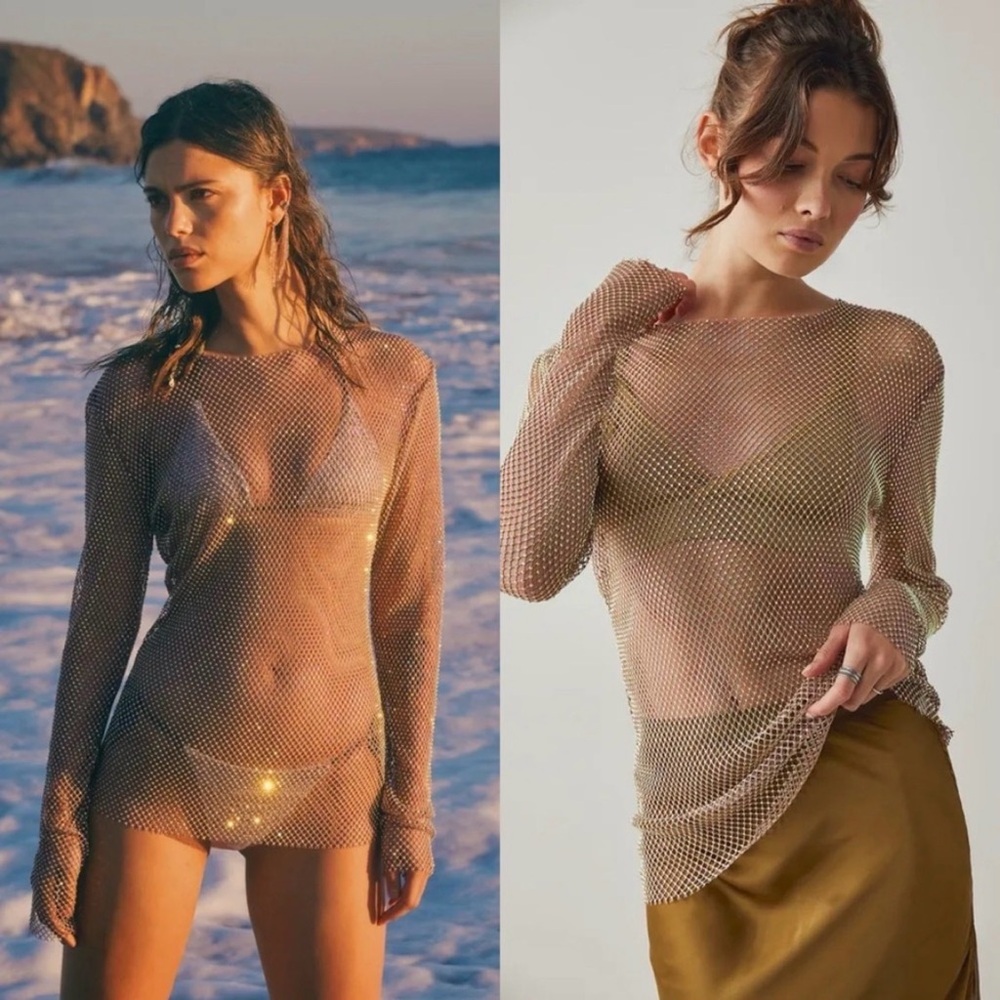Free People Filter Finish Long Sleeve Top Crystal Mesh “Blush Sands” • Medium